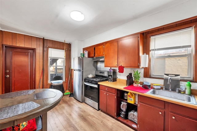 kitchen with sink, light hardwood / wood-style flooring, and appliances with stainless steel finishes