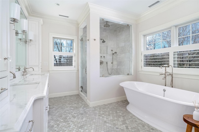 bathroom with ornamental molding, plus walk in shower, and vanity