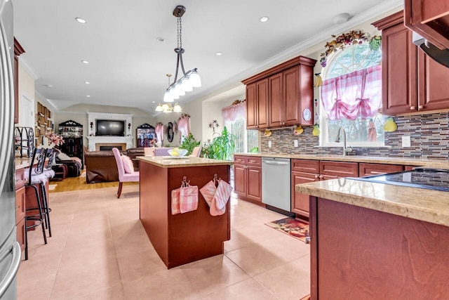 kitchen featuring dishwasher, decorative backsplash, hanging light fixtures, ornamental molding, and a center island