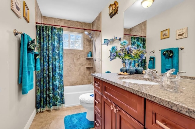 full bathroom with vanity, shower / bath combo, tile patterned floors, and toilet