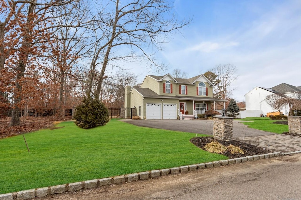 view of front facade featuring a front lawn, a chimney, an attached garage, and aphalt driveway