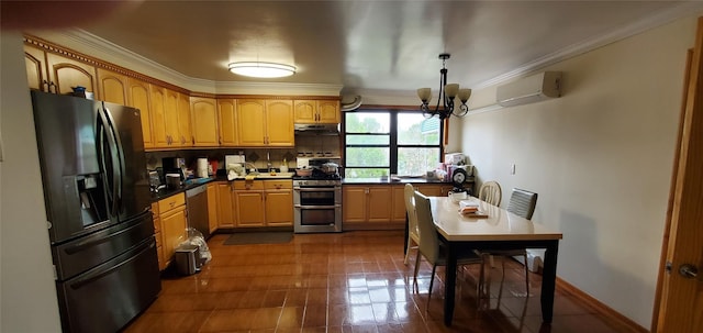 kitchen with crown molding, backsplash, stainless steel appliances, a wall mounted air conditioner, and a chandelier