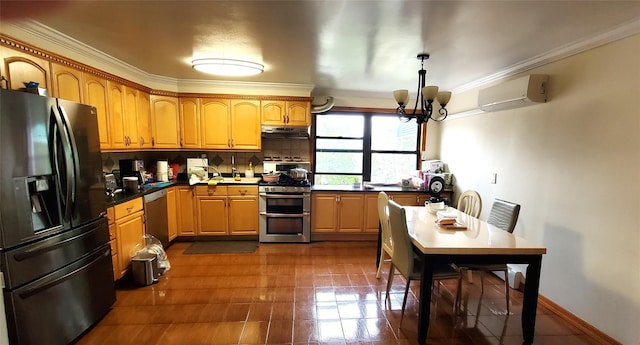 kitchen with a wall mounted air conditioner, backsplash, stainless steel appliances, crown molding, and an inviting chandelier