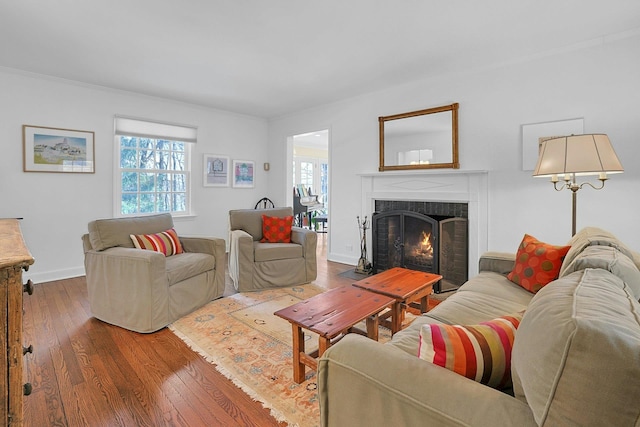 living area with wood-type flooring, baseboards, and a lit fireplace