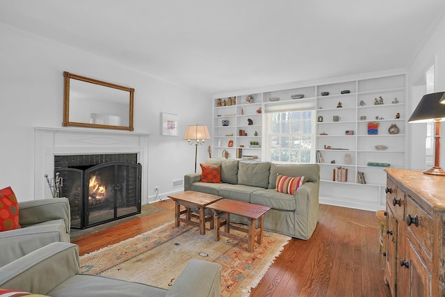 living room with a fireplace and wood finished floors