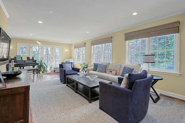 living area featuring ornamental molding, plenty of natural light, and baseboards