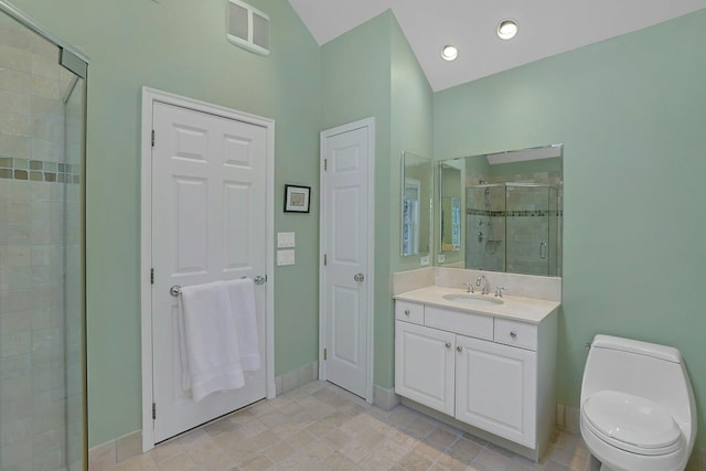 bathroom with toilet, vanity, visible vents, baseboards, and a shower stall