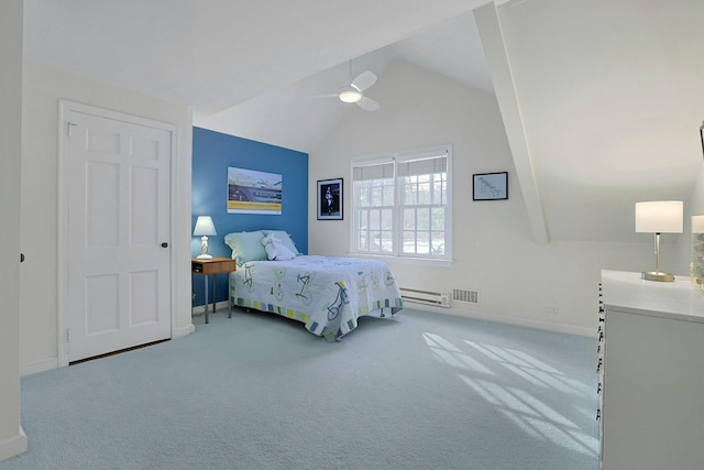 carpeted bedroom with a baseboard heating unit, a ceiling fan, visible vents, vaulted ceiling, and baseboards