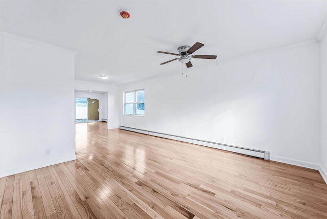 spare room with crown molding, ceiling fan, light hardwood / wood-style floors, and a baseboard heating unit