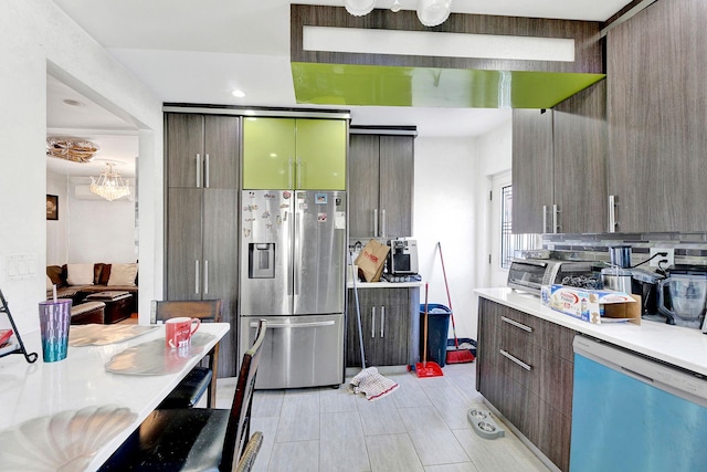 kitchen featuring stainless steel appliances, dark brown cabinets, and decorative backsplash