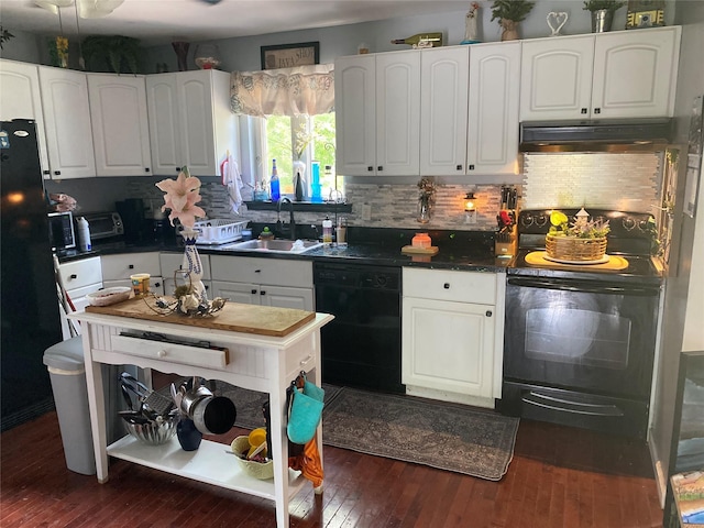 kitchen with sink, white cabinetry, black appliances, dark hardwood / wood-style floors, and backsplash