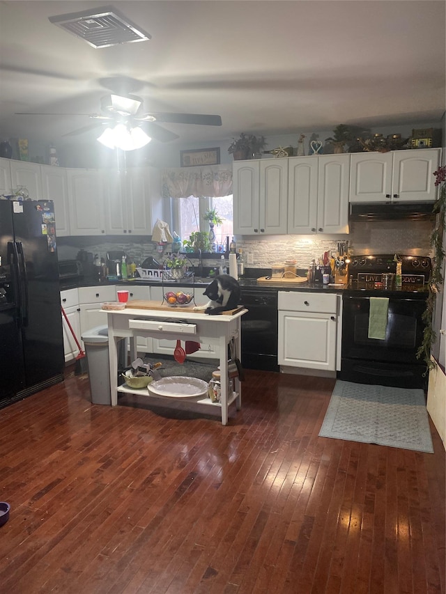 kitchen with tasteful backsplash, black appliances, dark hardwood / wood-style flooring, ceiling fan, and white cabinets