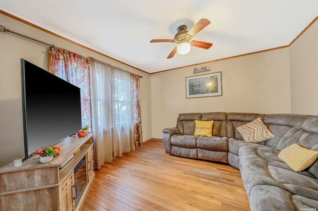 living room featuring ornamental molding, ceiling fan, and light wood-type flooring