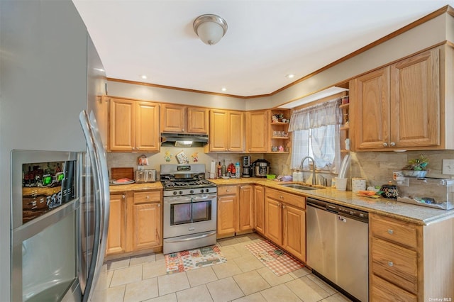 kitchen featuring sink, light tile patterned floors, appliances with stainless steel finishes, backsplash, and light stone counters