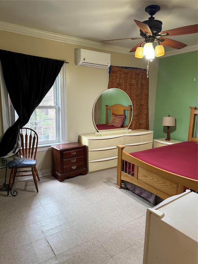 bedroom featuring crown molding, baseboards, ceiling fan, and a wall unit AC