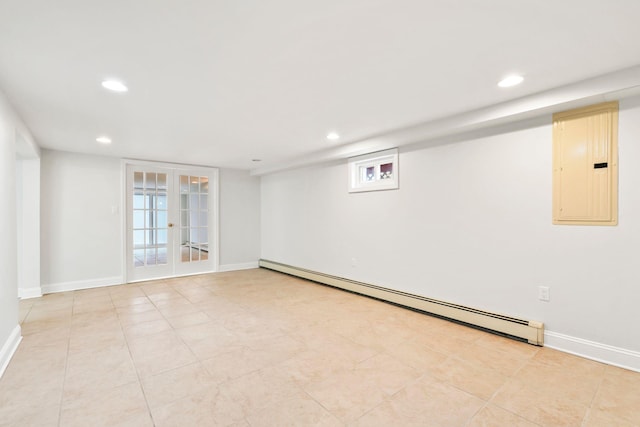 basement with light tile patterned floors, a baseboard radiator, electric panel, and french doors