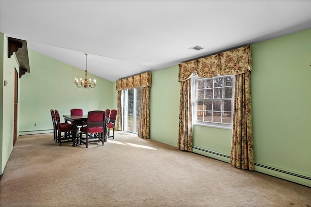 carpeted dining space featuring lofted ceiling, a notable chandelier, a baseboard radiator, and a healthy amount of sunlight