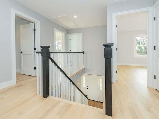 stairs with hardwood / wood-style floors