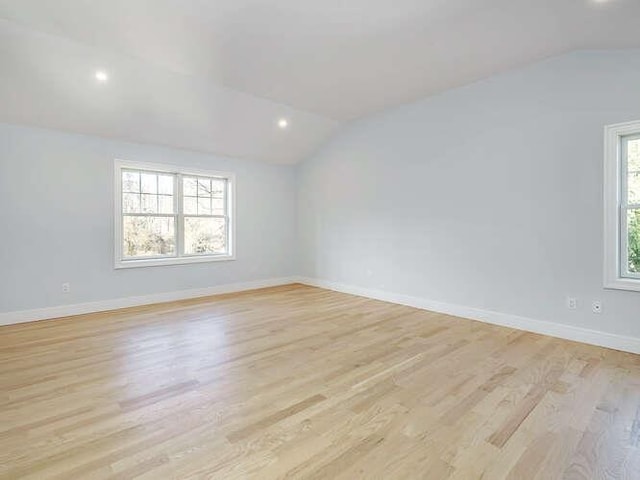 empty room with lofted ceiling, a wealth of natural light, and light hardwood / wood-style flooring