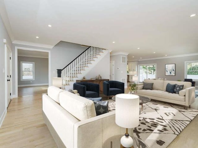 111 Fairfield Ave, Port Washington, NY 11050 - living room with a healthy amount of sunlight, stairs, and ornamental molding