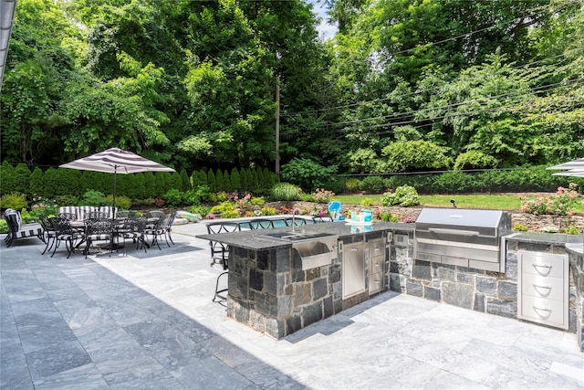 view of patio / terrace featuring grilling area, exterior kitchen, and outdoor dining space