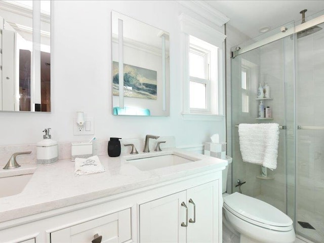 bathroom featuring vanity, toilet, and walk in shower