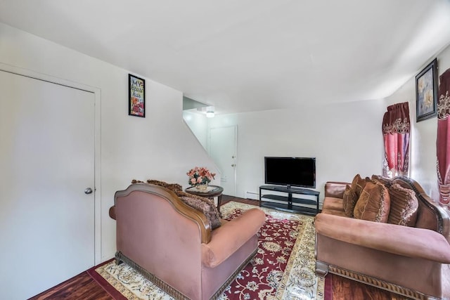 living area featuring a baseboard radiator and wood finished floors