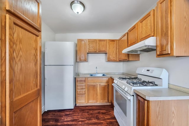 kitchen featuring dark wood finished floors, light countertops, a sink, white appliances, and under cabinet range hood