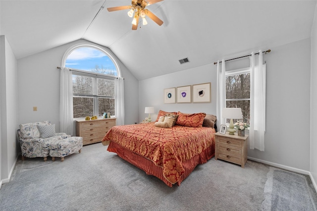 carpeted bedroom featuring ceiling fan and lofted ceiling