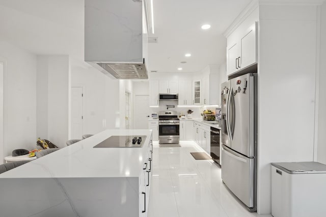 kitchen with light stone counters, stainless steel appliances, and white cabinets