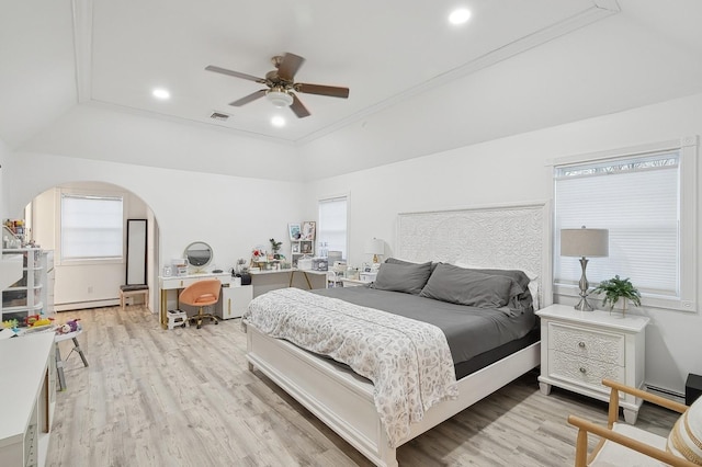 bedroom featuring ornamental molding, ceiling fan, light hardwood / wood-style floors, and baseboard heating