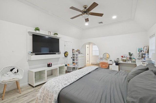 bedroom with ceiling fan and light hardwood / wood-style floors