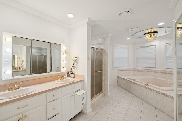 bathroom with ornamental molding, vanity, and plus walk in shower