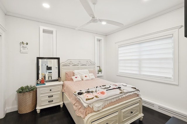 bedroom featuring a baseboard radiator, ornamental molding, ceiling fan, and dark hardwood / wood-style flooring