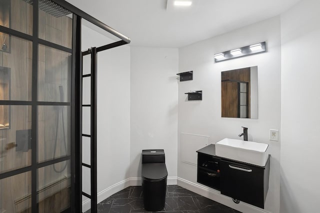 bathroom featuring walk in shower, vanity, and toilet