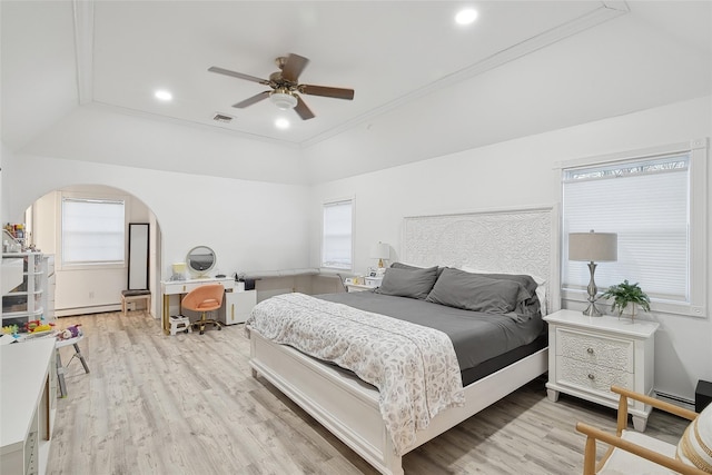 bedroom featuring a baseboard heating unit, crown molding, light hardwood / wood-style floors, and ceiling fan