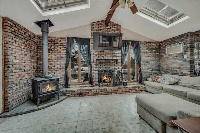 unfurnished living room featuring lofted ceiling with beams, a wood stove, a wall mounted AC, light tile patterned floors, and ceiling fan