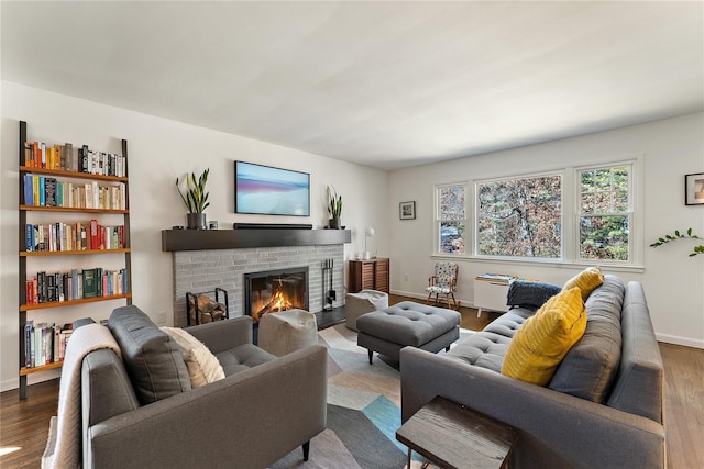 living room featuring baseboards, wood finished floors, and a fireplace