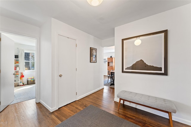 hall with baseboards and wood finished floors