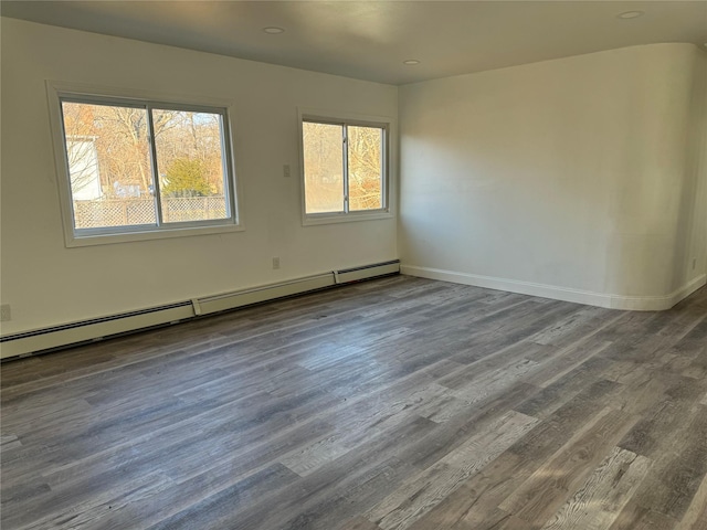 unfurnished room featuring dark hardwood / wood-style floors and baseboard heating