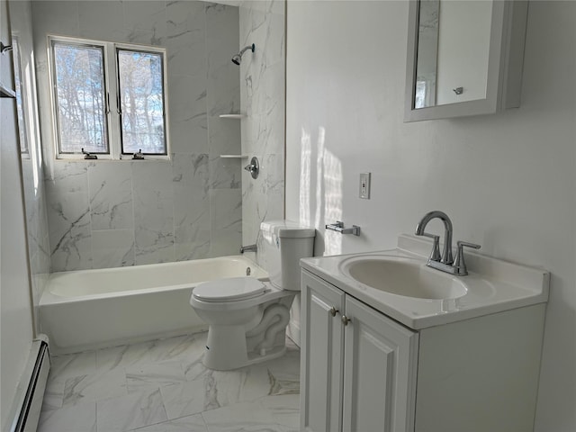 full bathroom featuring vanity, a baseboard radiator, toilet, and tiled shower / bath