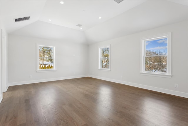 interior space with lofted ceiling and dark hardwood / wood-style flooring