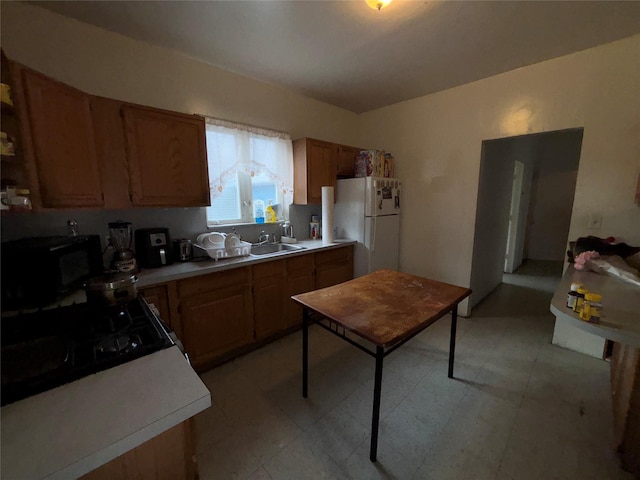 kitchen with sink and white fridge