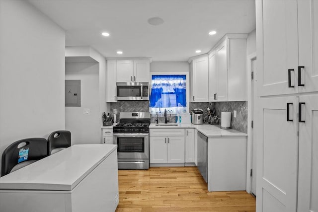 kitchen with white cabinetry, appliances with stainless steel finishes, electric panel, and light hardwood / wood-style floors