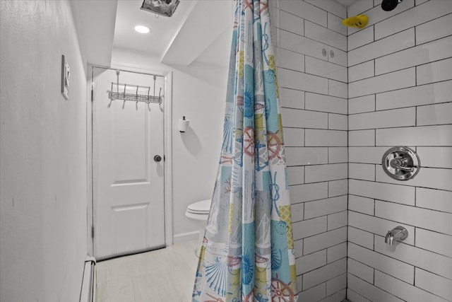 bathroom with curtained shower