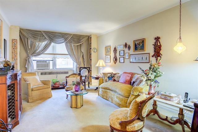 living room with cooling unit, carpet flooring, and radiator