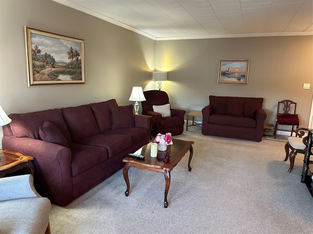 living room featuring light colored carpet and ornamental molding