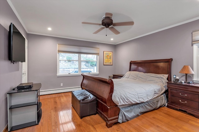 bedroom with crown molding, a baseboard radiator, ceiling fan, and light hardwood / wood-style floors