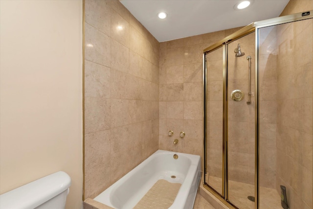 bathroom with independent shower and bath and toilet