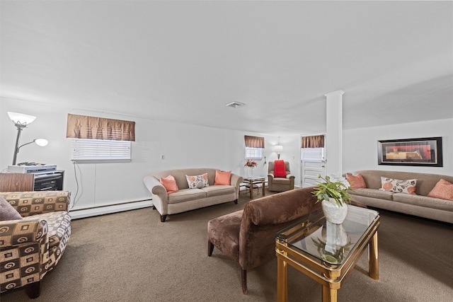 living room featuring carpet flooring and baseboard heating